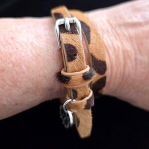 Victoria Emerson Leopard Print Calf Hair Leather Wrap Bracelet Buckle Tan Silver